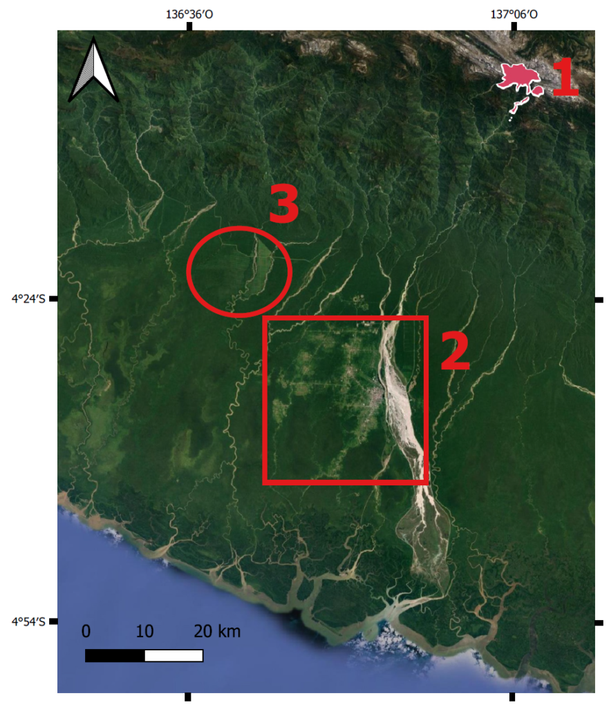 Satellite image of indirect effects related to mining in the Grasberg mine.